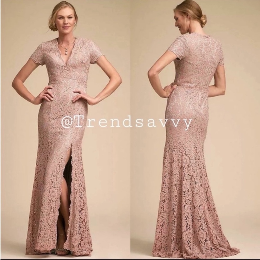 Bhldn Ceres Blush Floral Lace Rhinestone Column Wedding Gown Maxi Dress Formal 6
